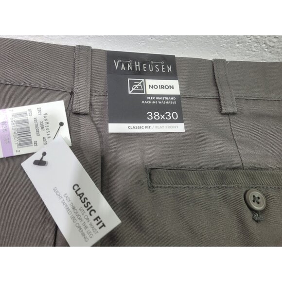 New Mens Van Heusen No Iron Cotton Pants Flex Waistband  Flat Front Brown 38x30 - Picture 4 of 6